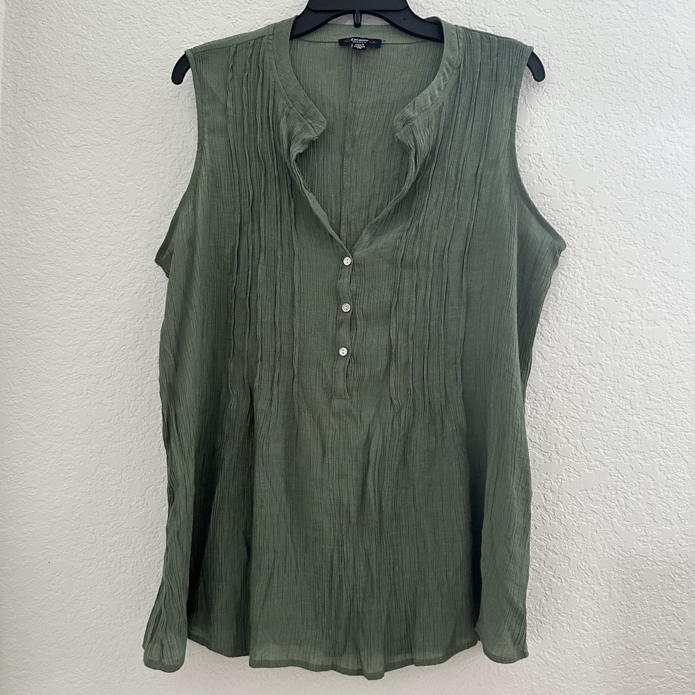 Cocomo Blouse Top Woman‎ 2X Olive Green Pintuck Button Up Casual Cottage Comfort